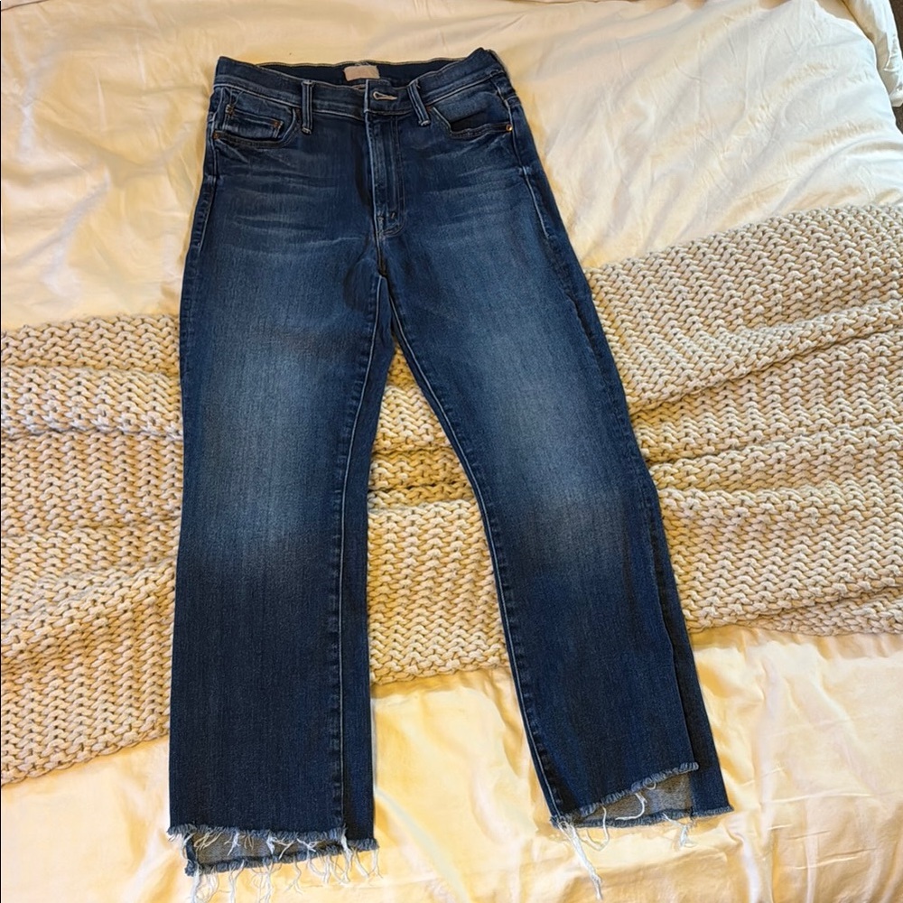 MOTHER Blue Ankle Cropped Jeans with Frayed Hem